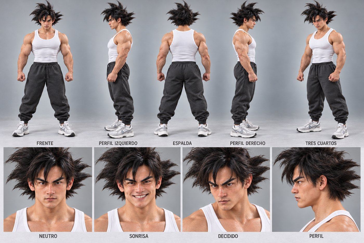 Zukko's character sheet: full body in five angles and four facial expressions